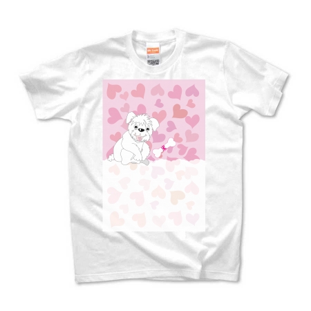 ピンクのハートが可愛いわんちゃんのTシャツ