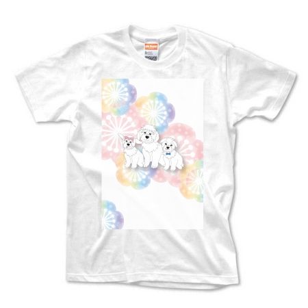 虹色のお花が可愛いワンちゃんのTシャツ